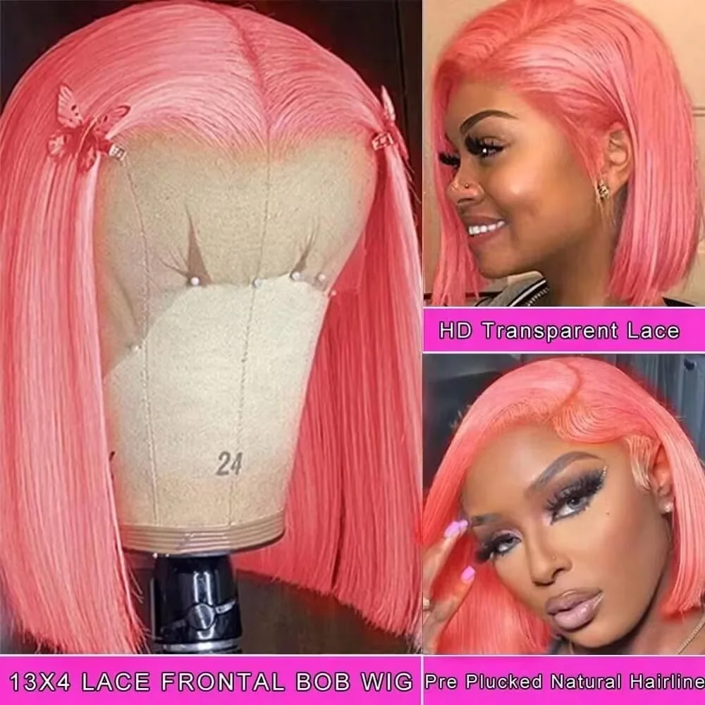 Pre Parted 13X4 Lace Front Bob Wig - Peruca Bob Rosa de 10 polegadas,